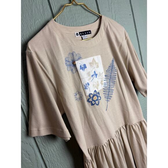 Vintage 90s Blast Floral Graphic Dress Beige Blue Botanical Print Medium - Picture 3 of 6